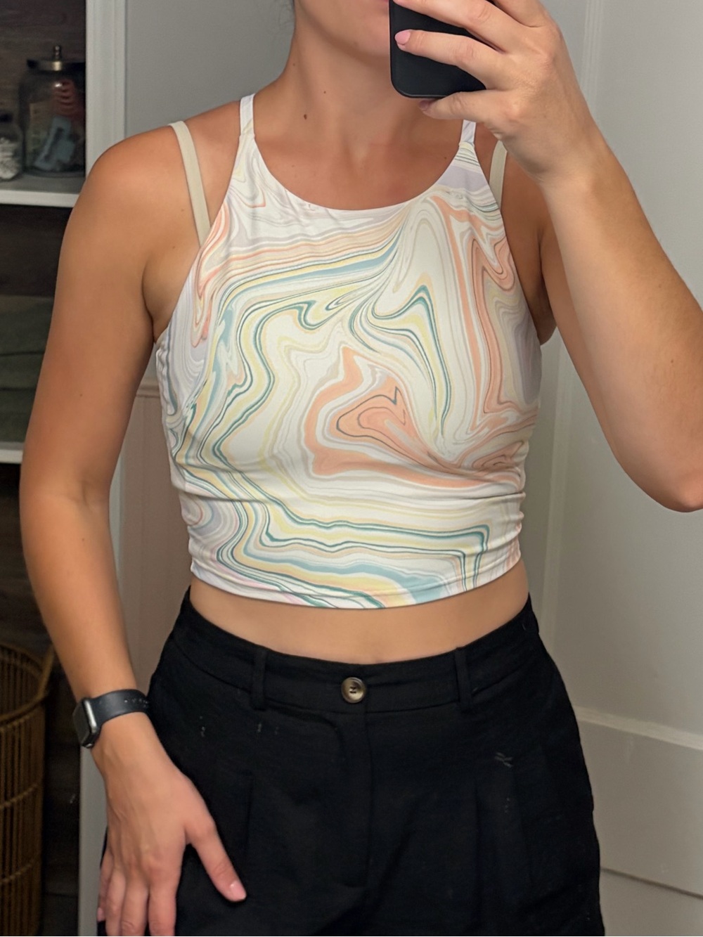 Crop Workout Top with Pastel Marble Print
